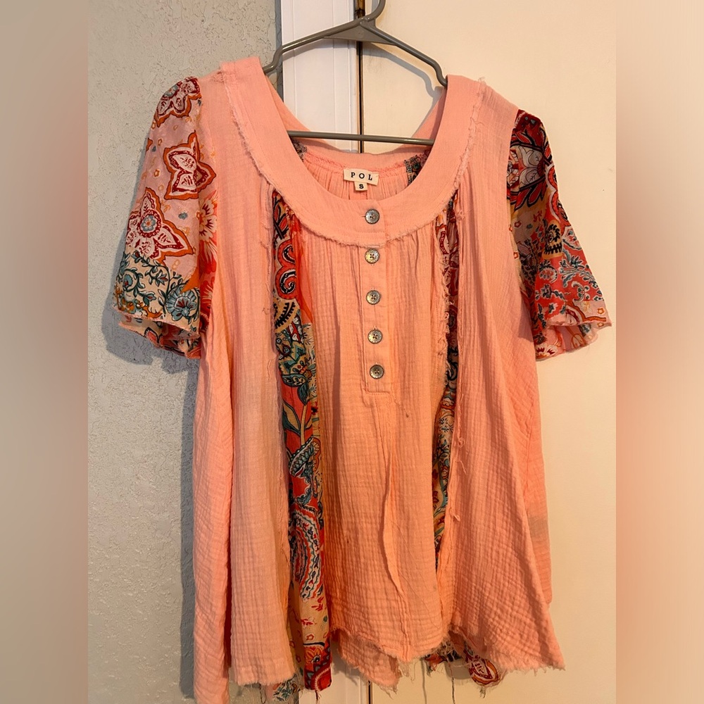 POL Women's Pink Gauze & Floral Top - small